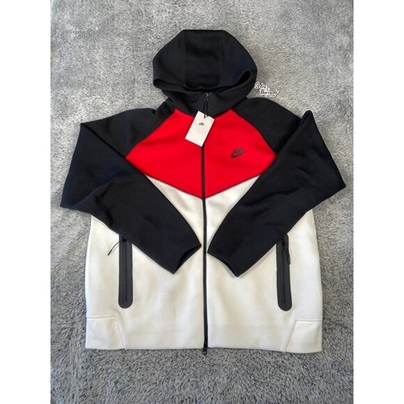Nike Tech Fleece Windrunner Zip Hoodie Size Large Men White Black Red FZ4709-100 - Picture 1 of 5